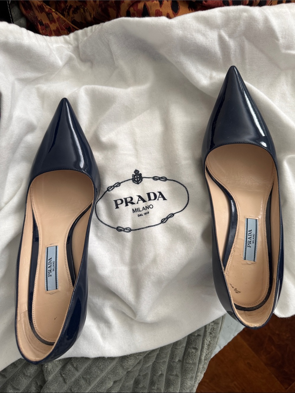 Prada Navy Patent Pointed Toe Pumps